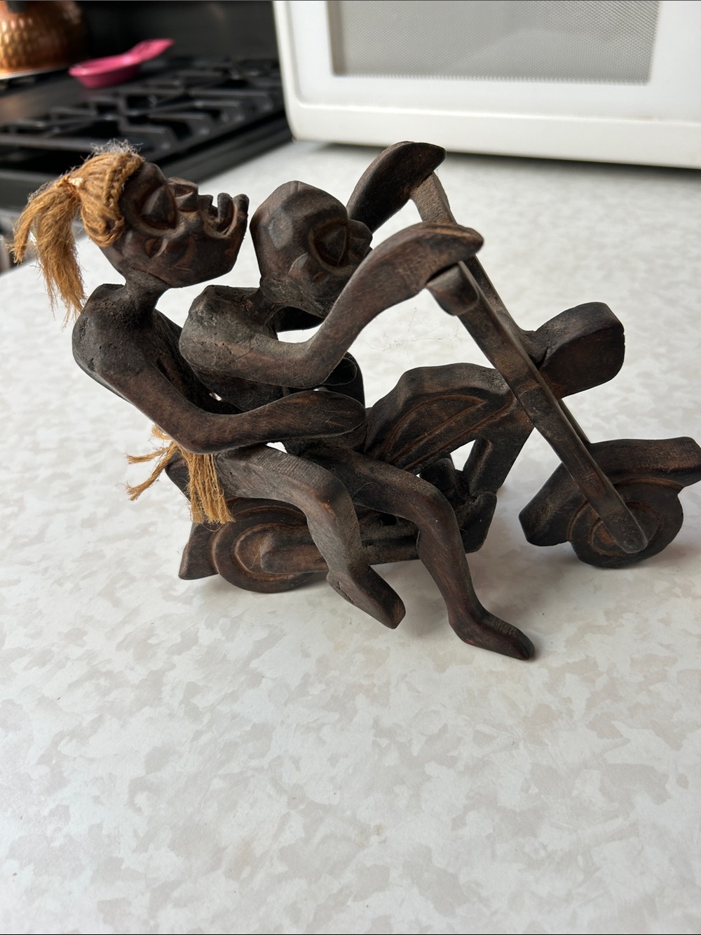 Handcrafted Brown Wooden Motorcycle Rider Sculpture